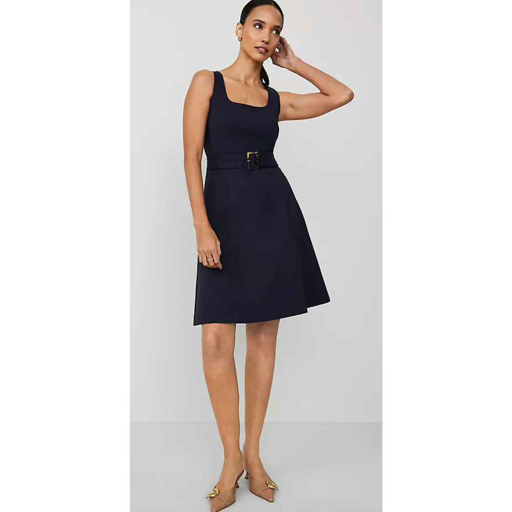 NEW ANN TAYLOR NIGHT SKY BELTED FLARE STRETCH COTTON DRESS SZ 6P 6 PETITE